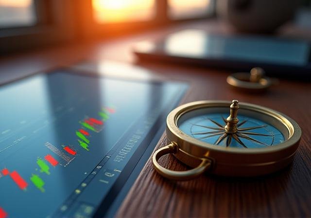 Abstract representation of financial risk management with a compass and charts